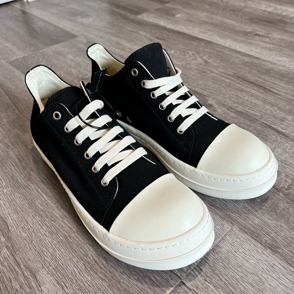Rick Owens black low-top denim sneakers.